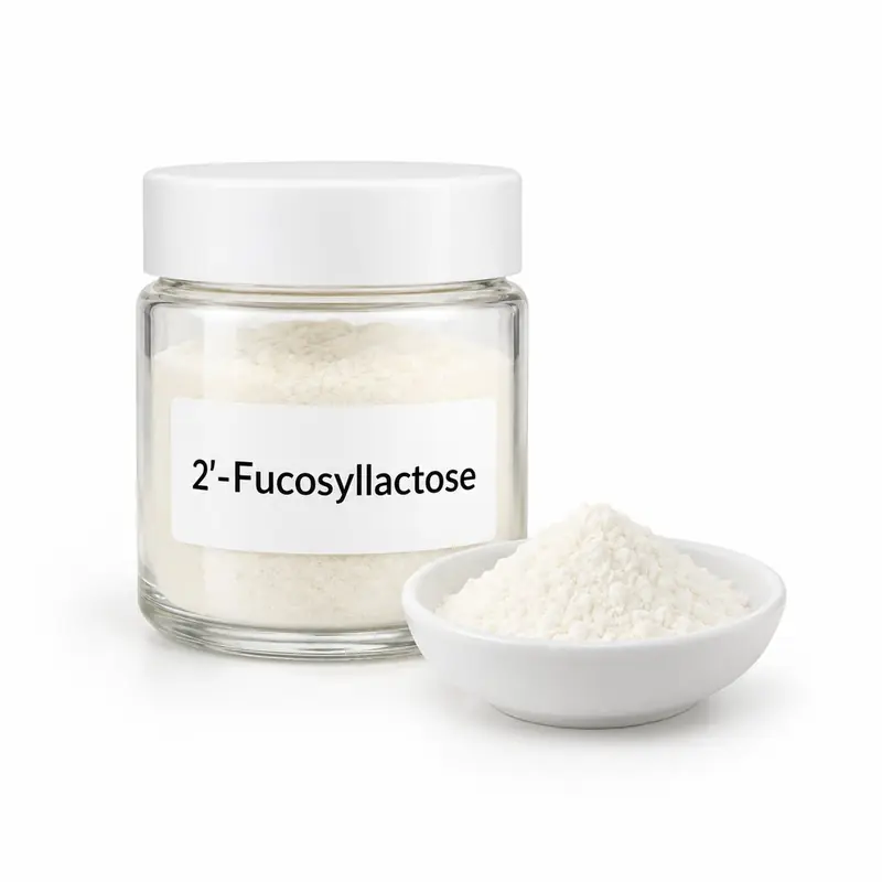 2'-Fucosyllactose in a glass jar and a dish.