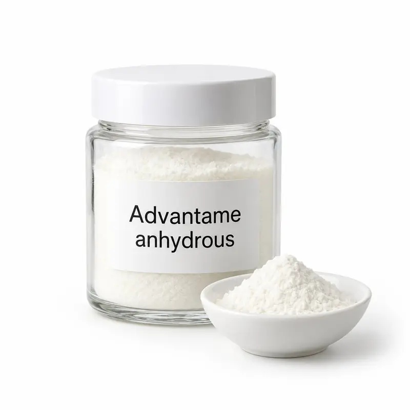 Advantame in a glass jar and a dish.