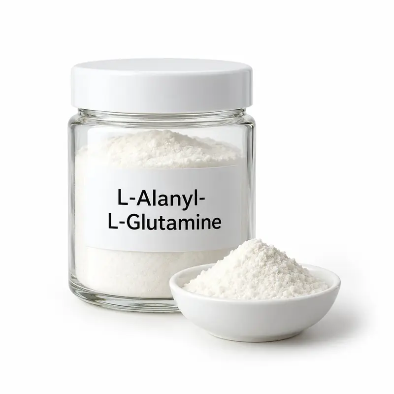 L-Alanyl-L-glutamine in a glass jar and a dish.