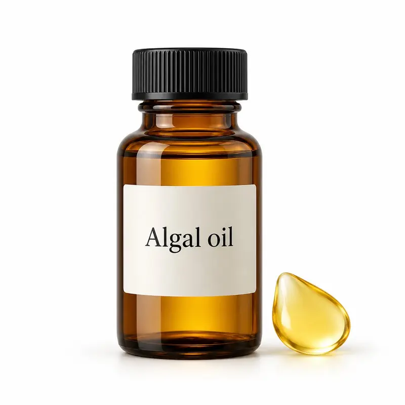 Algal oil in a glass jar and a dish.
