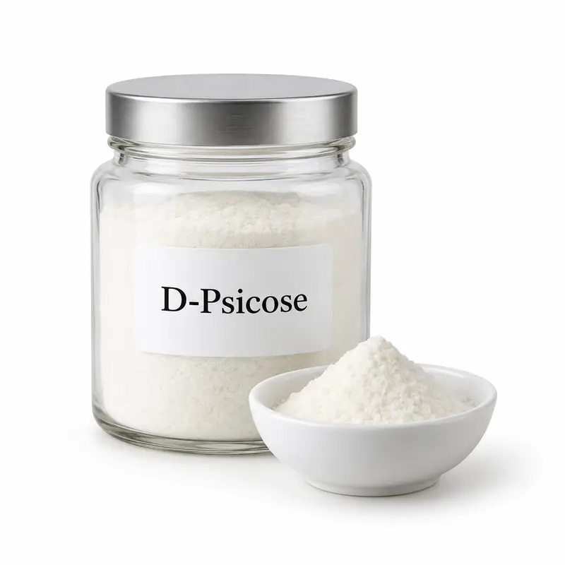 Allulose (D-psicose) in a glass jar and a dish.