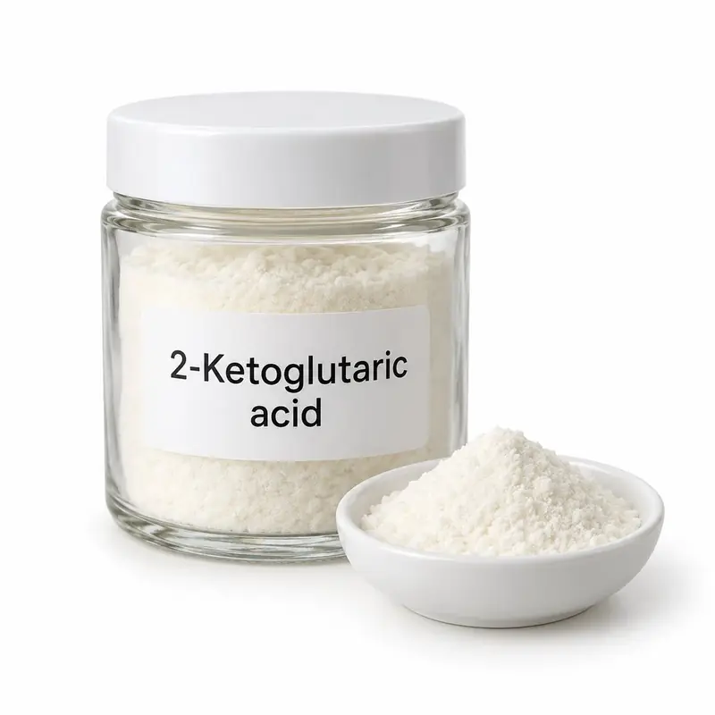α-Ketoglutaric acid in a glass jar and a dish.