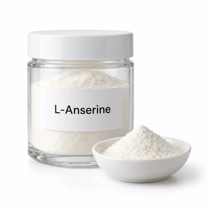 L-Anserine in a glass jar and a dish.