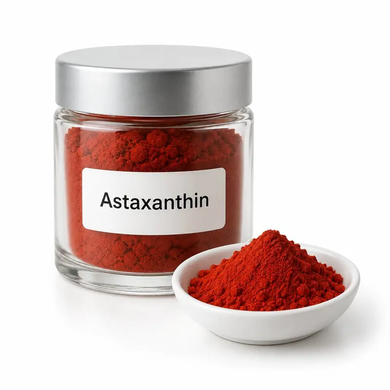Astaxanthin in a glass jar and a dish.