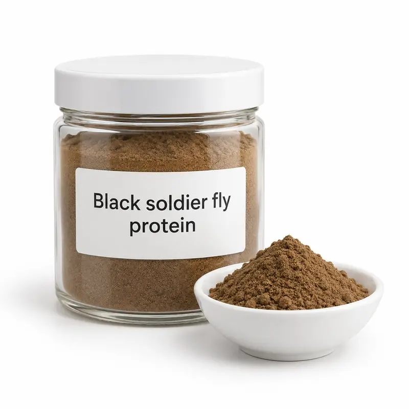 Black soldier fly protein in a glass jar and a dish.