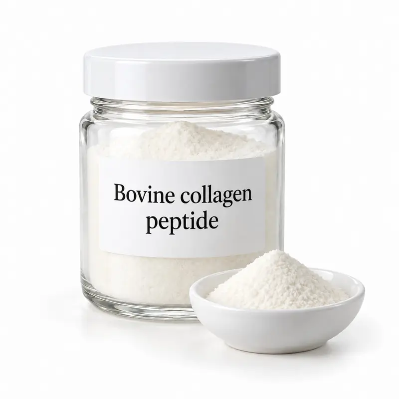 Bovine collagen peptide in a glass jar and a dish.
