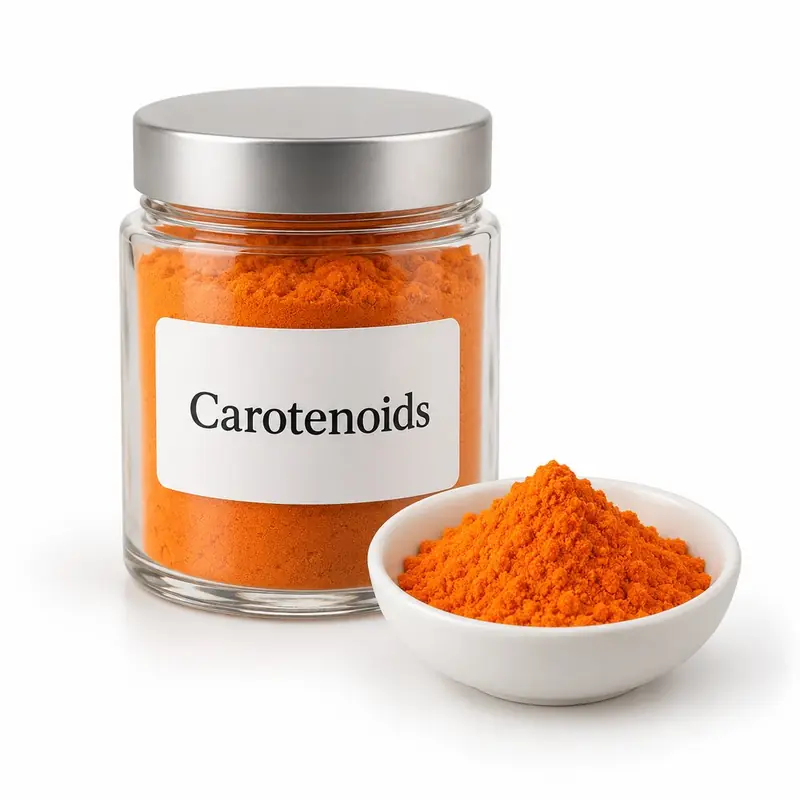 Carotenoids in a glass jar and a dish.