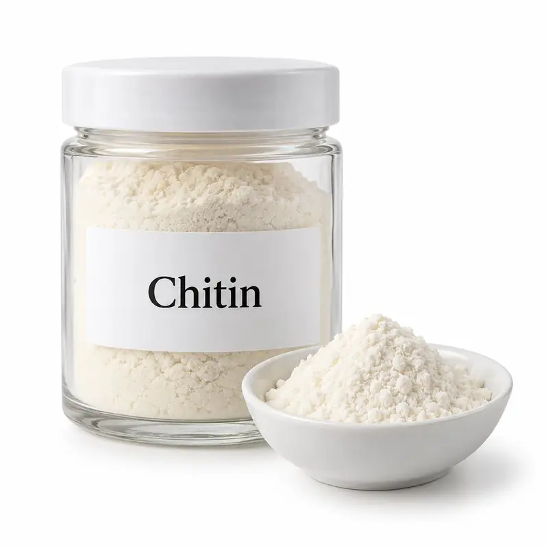 Chitin in a glass jar and a dish.
