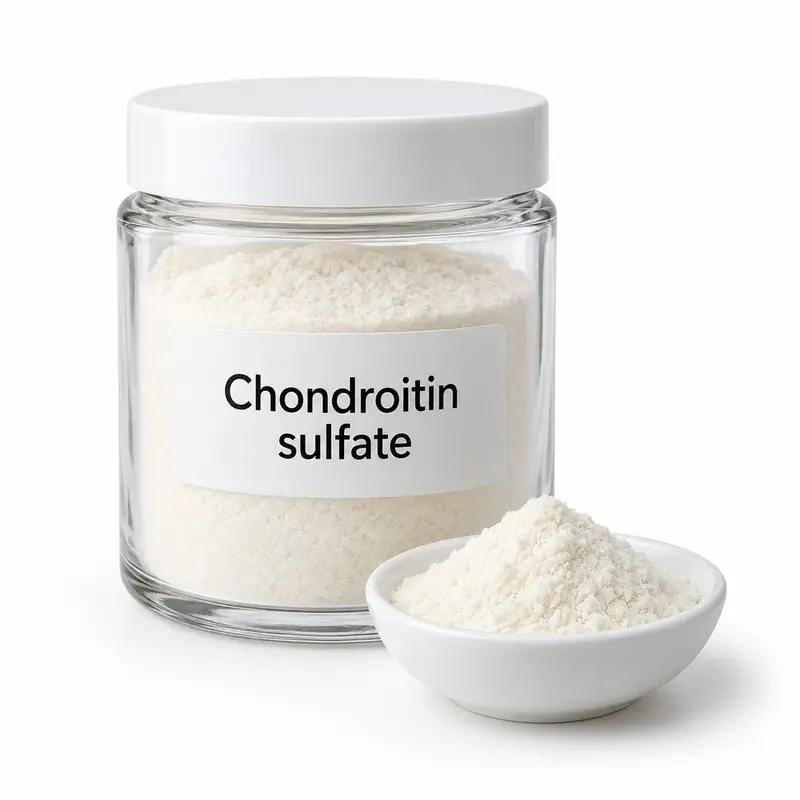 Chondroitin sulfate in a glass jar and a dish.