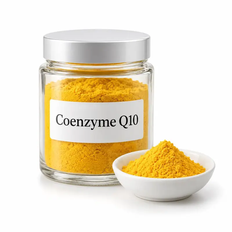 Coenzyme Q10 in a glass jar and a dish.