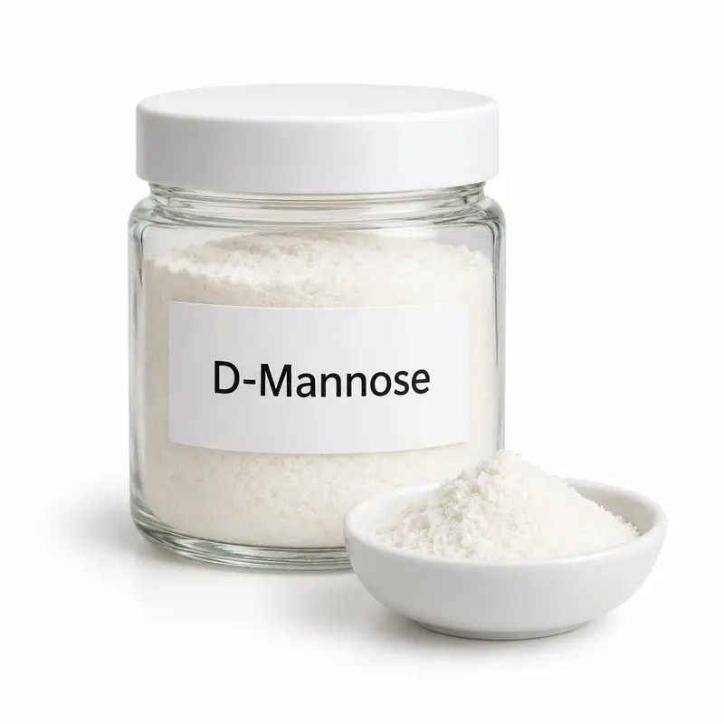 D-Mannose in a glass jar and a dish.