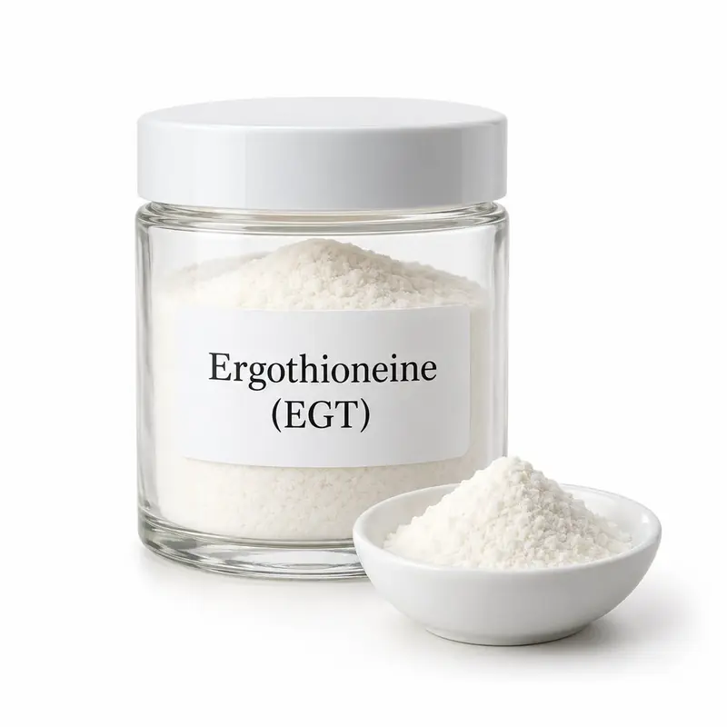 Ergothioneine (EGT) in a glass jar and a dish.