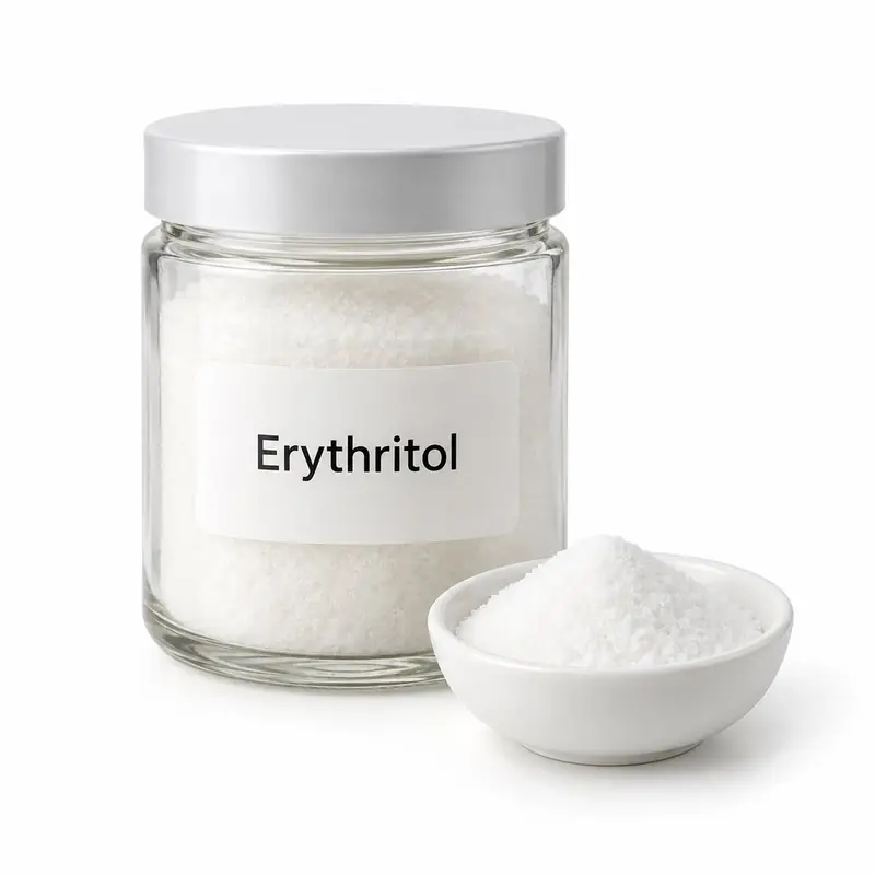 Erythritol in a glass jar and a dish.