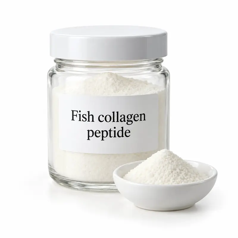 Fish collagen peptide in a glass jar and a dish.