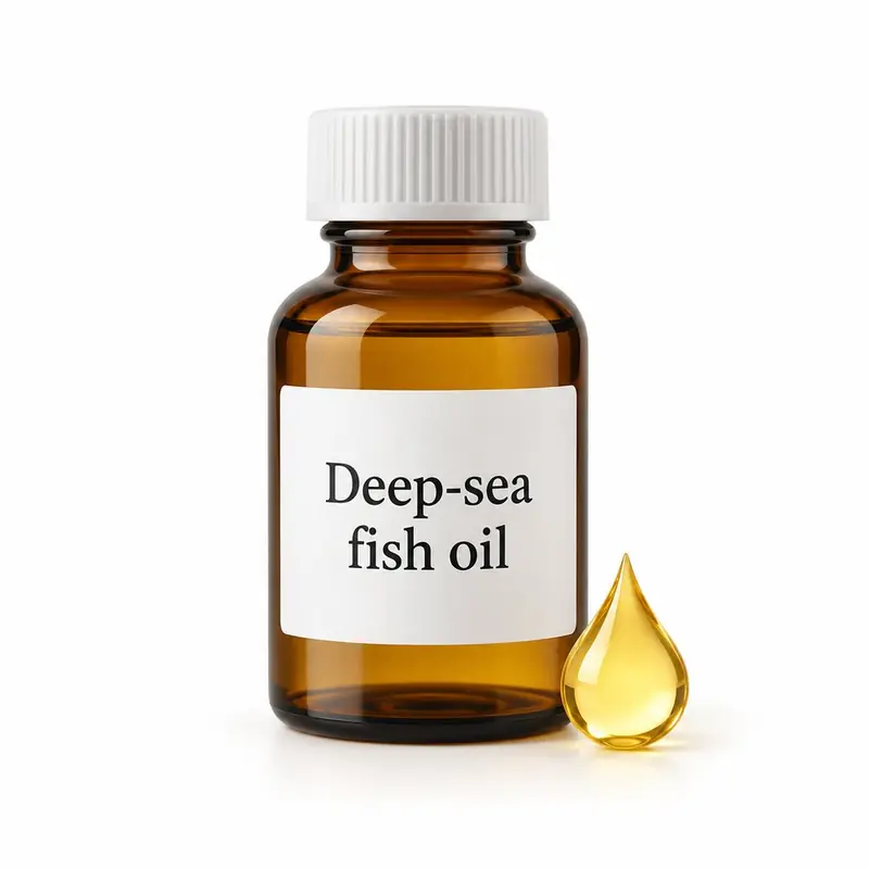 Deep-sea fish oil in a glass jar and a dish.