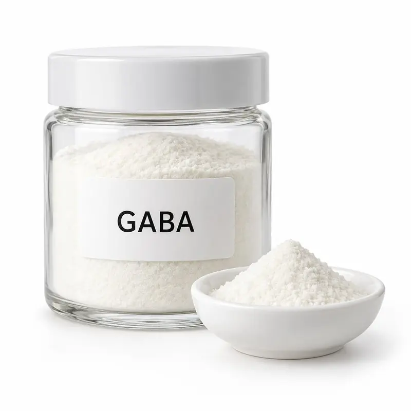 GABA in a glass jar and a dish.