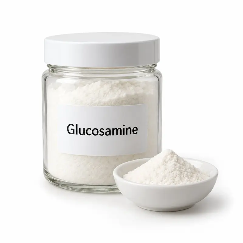 Glucosamine in a glass jar and a dish.