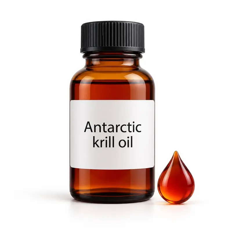 Antarctic krill oil in a glass jar and a dish.