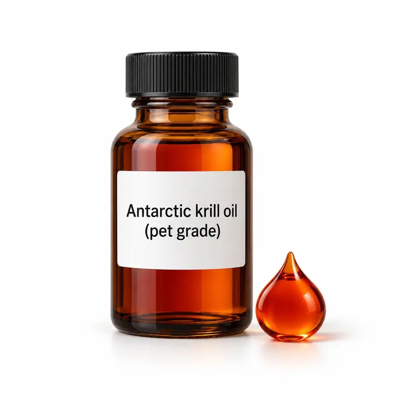Antarctic krill oil (pet grade) in a glass jar and a dish.