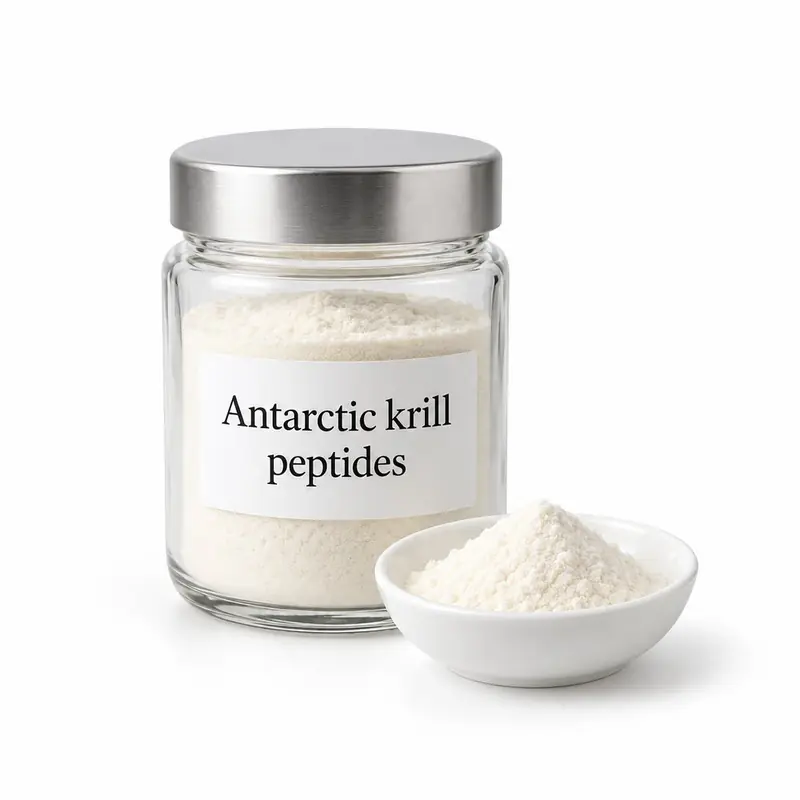 Antarctic krill peptides in a glass jar and a dish.