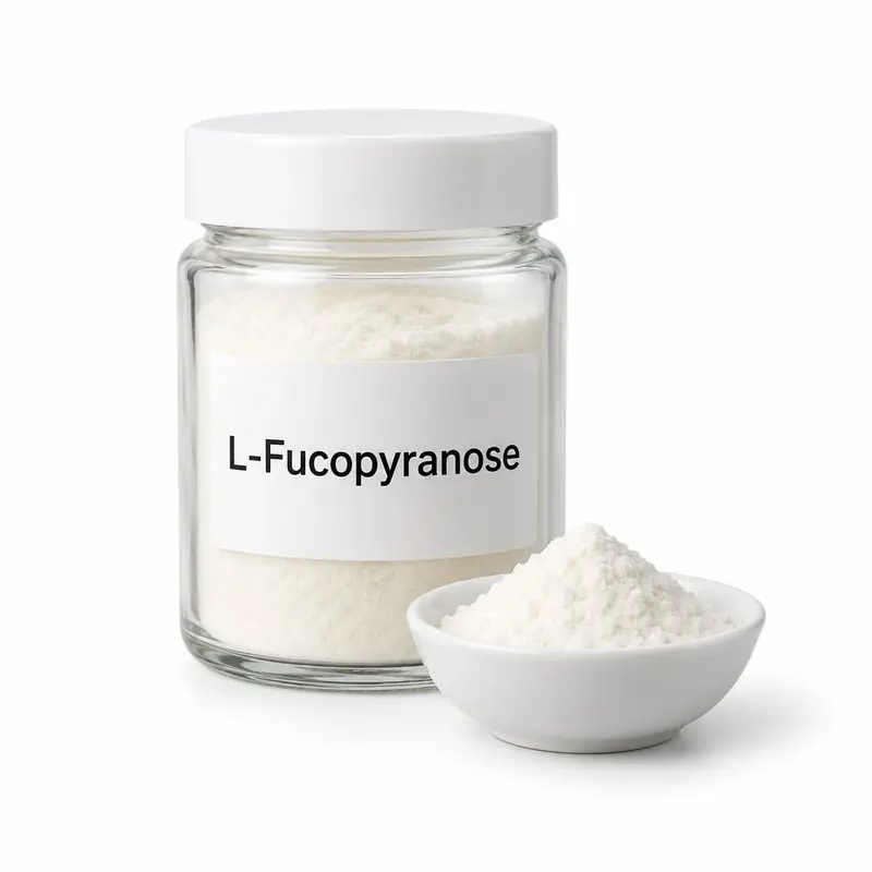 L-Fucose in a glass jar and a dish.