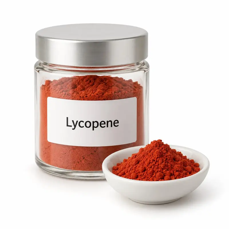Lycopene in a glass jar and a dish.
