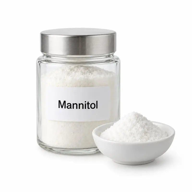 Mannitol in a glass jar and a dish.