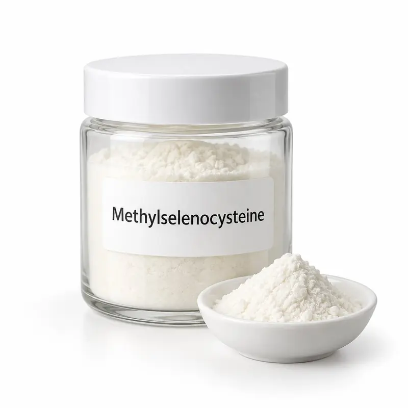 Methylselenocysteine in a glass jar and a dish.