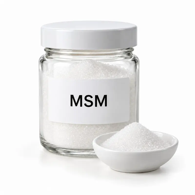 Methylsulfonylmethane (MSM) in a glass jar and a dish.