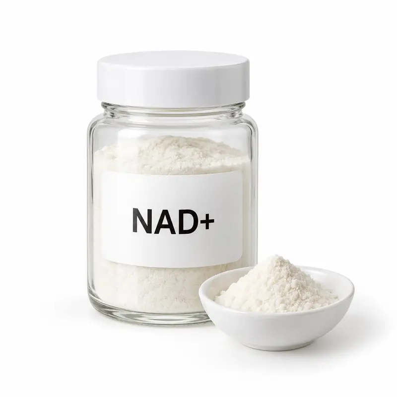 NAD⁺ in a glass jar and a dish.