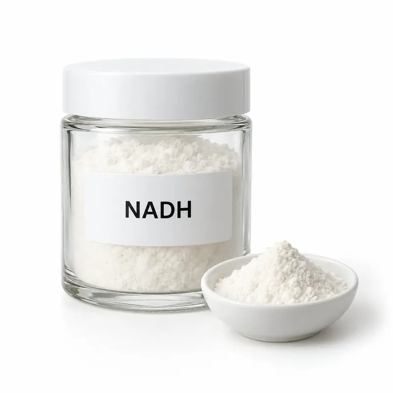 NADH in a glass jar and a dish.