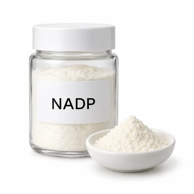 NADP in a glass jar and a dish.