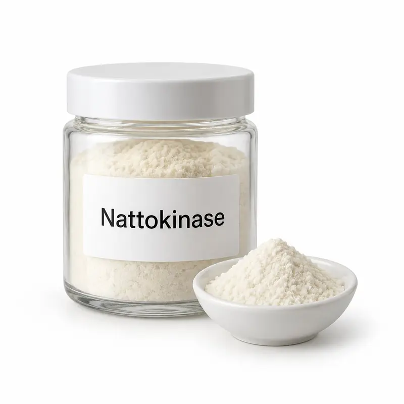 Nattokinase in a glass jar and a dish.