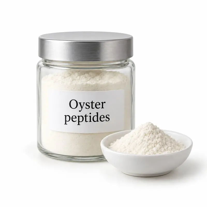 Oyster peptides in a glass jar and a dish.