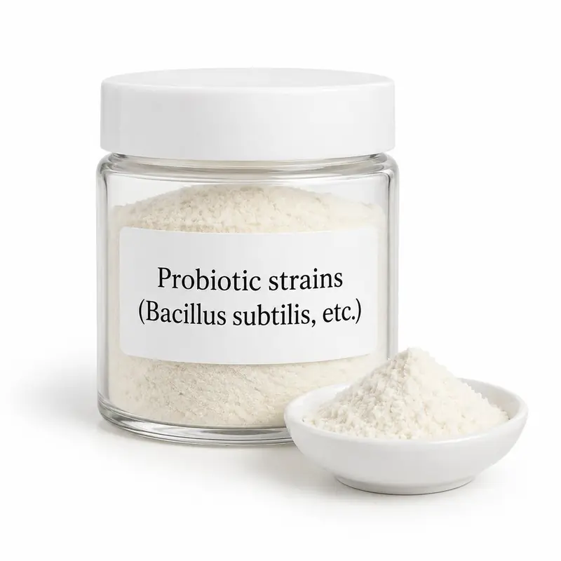 Probiotic strains (Bacillus subtilis, etc.) in a glass jar and a dish.