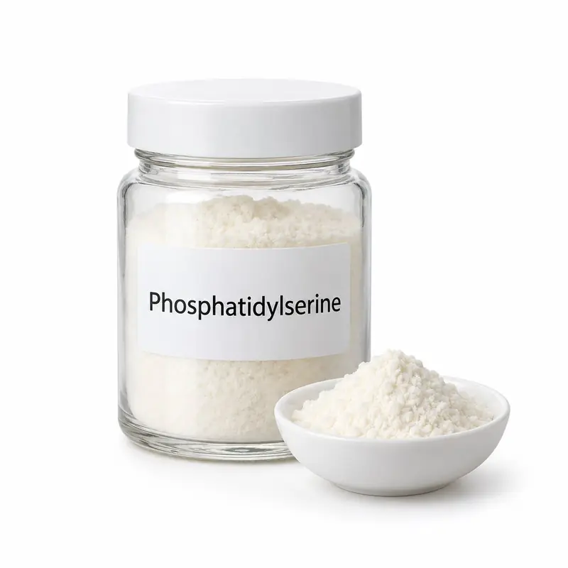 Phosphatidylserine in a glass jar and a dish.