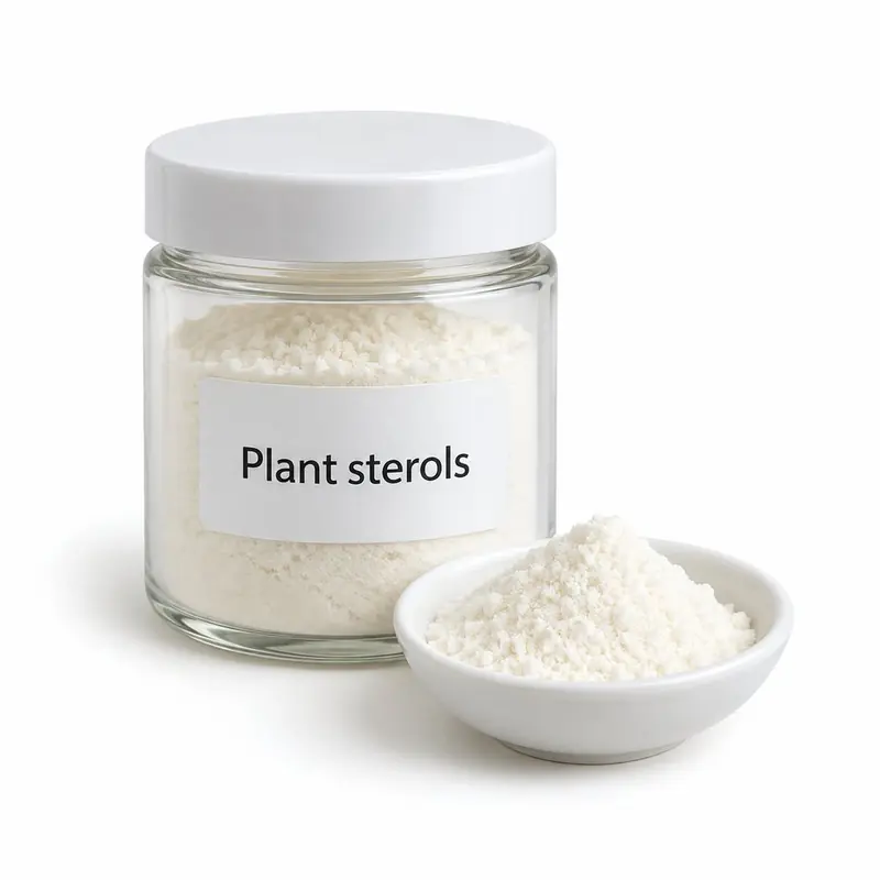 Plant sterols in a glass jar and a dish.