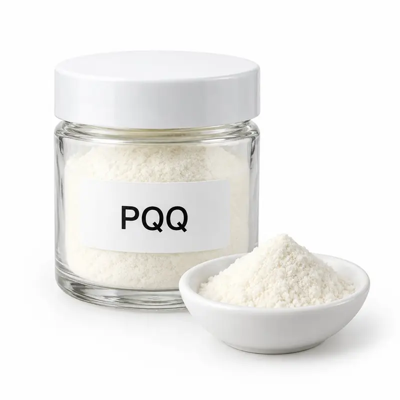 PQQ in a glass jar and a dish.