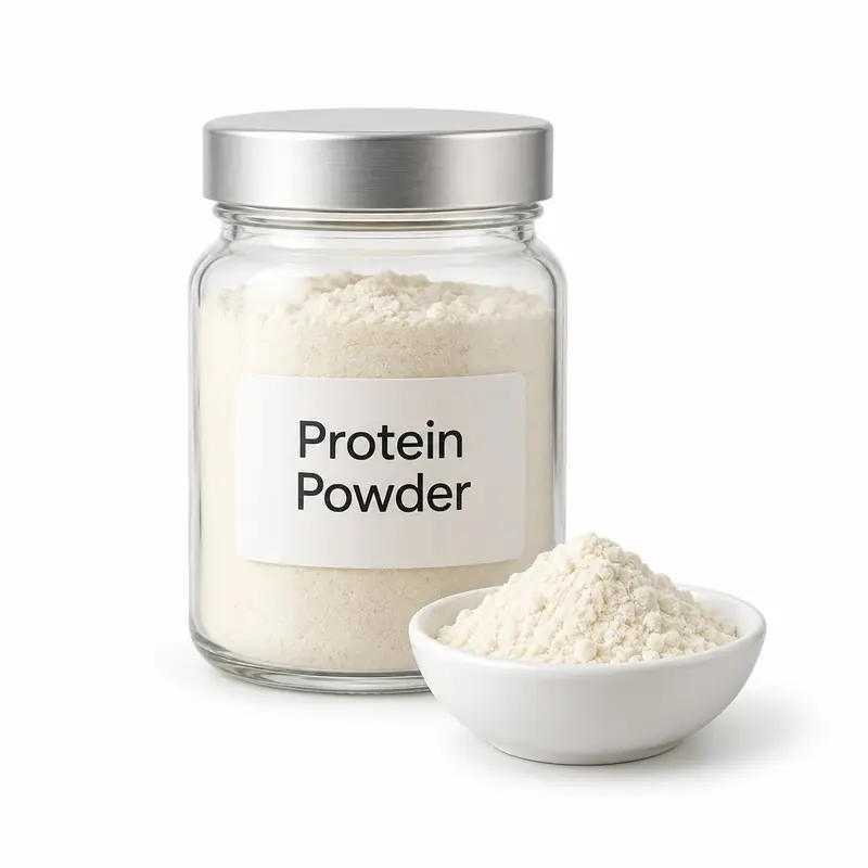 Protein powder in a glass jar and a dish.