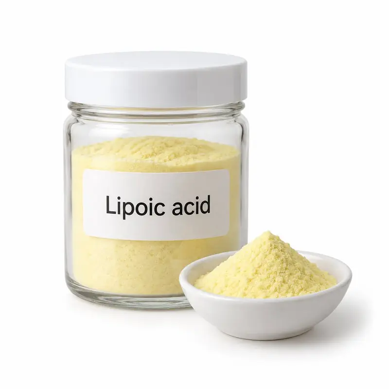 (R)-α-Lipoic acid in a glass jar and a dish.