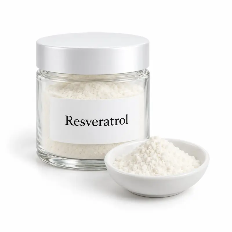 Resveratrol in a glass jar and a dish.