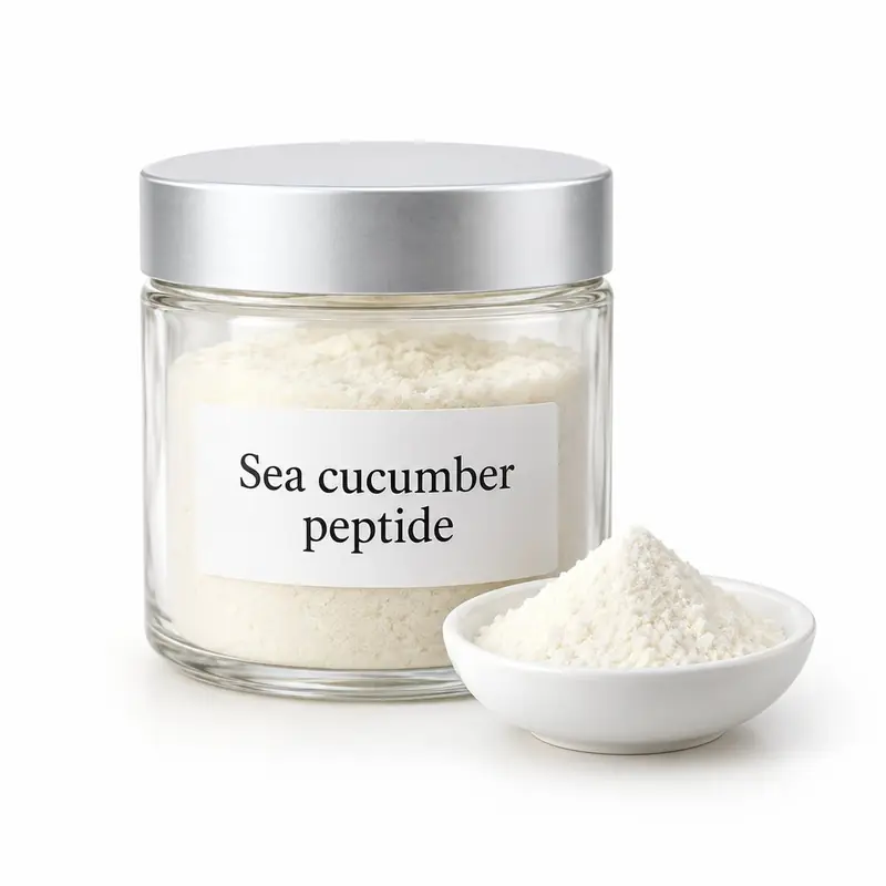 Sea cucumber peptide in a glass jar and a dish.