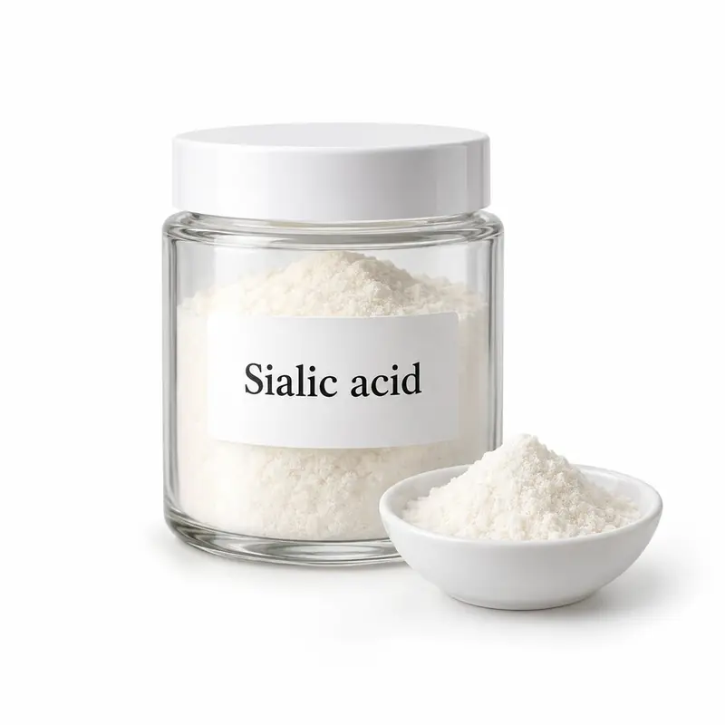 Sialic acid in a glass jar and a dish.
