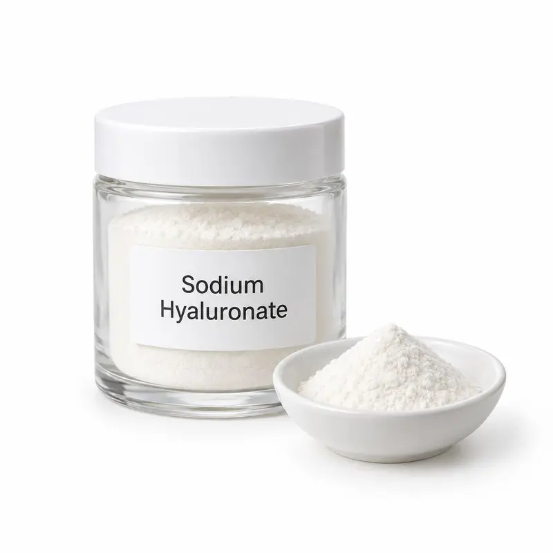 Sodium hyaluronate in a glass jar and a dish.