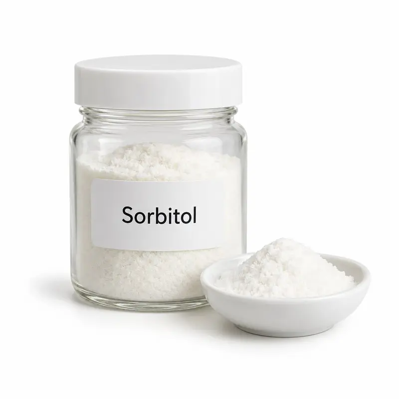Sorbitol in a glass jar and a dish.