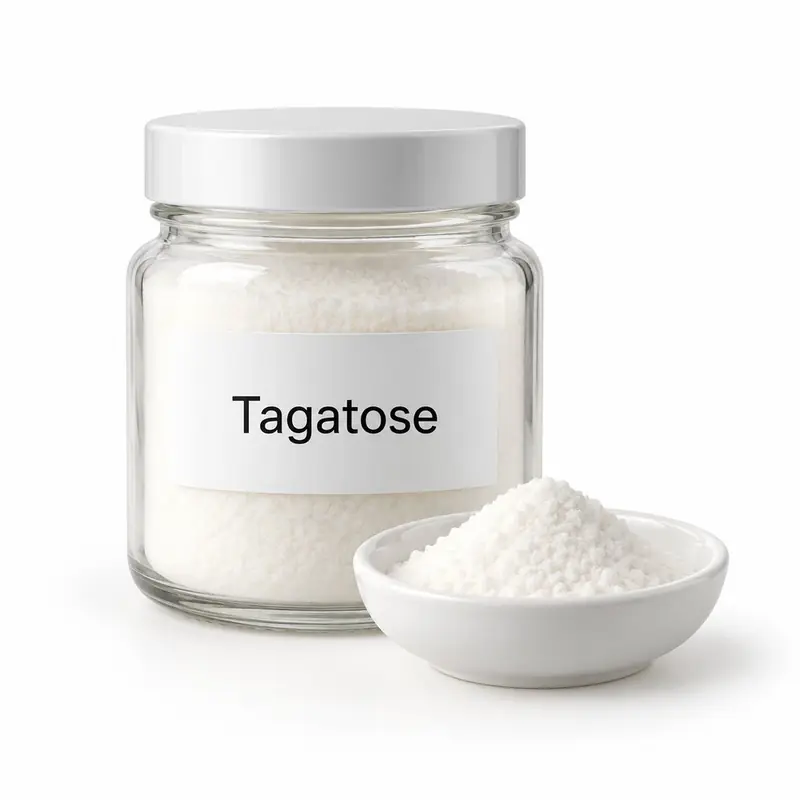 Tagatose in a glass jar and a dish.