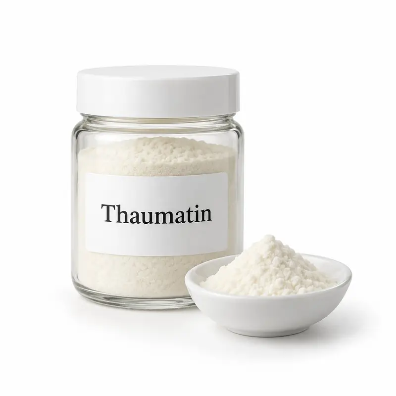 Thaumatin in a glass jar and a dish.