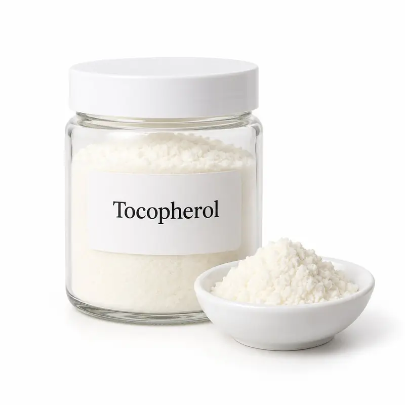 Tocopherol in a glass jar and a dish.