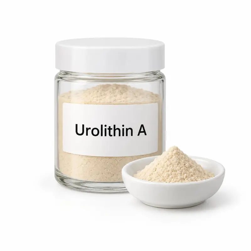 Urolithin A in a glass jar and a dish.