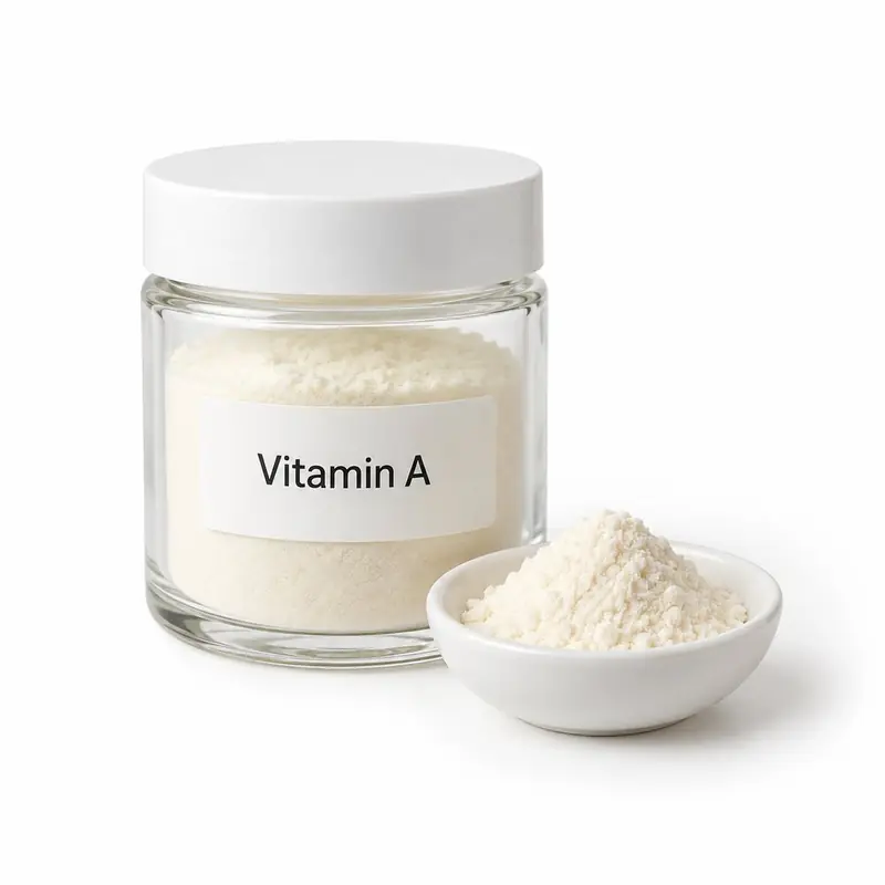 Vitamin A in a glass jar and a dish.